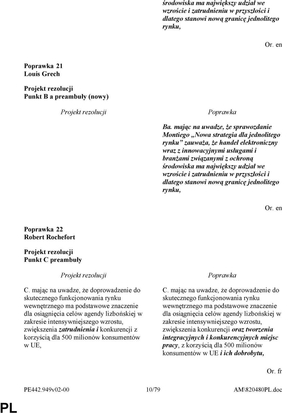 udział we wzroście i zatrudnieniu w przyszłości i dlatego stanowi nową granicę jednolitego rynku, 22 Robert Rochefort Punkt C preambuły C.