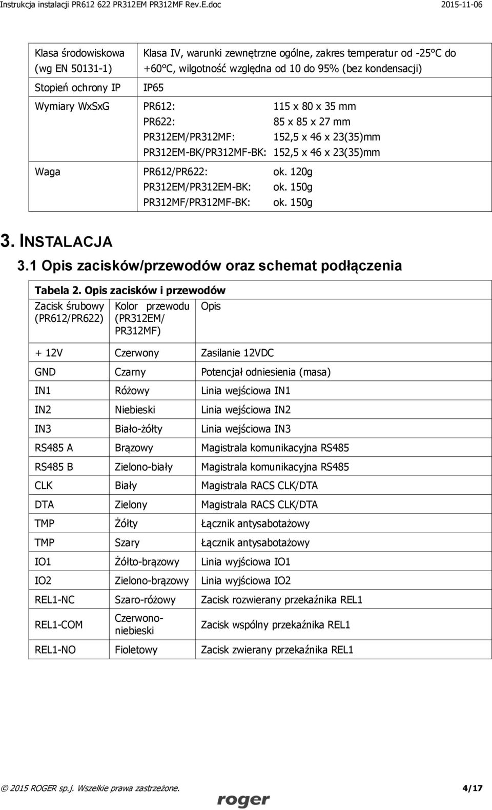 150g PR312MF/PR312MF-BK: ok. 150g 3. INSTALACJA 3.1 Opis zacisków/przewodów oraz schemat podłączenia Tabela 2.