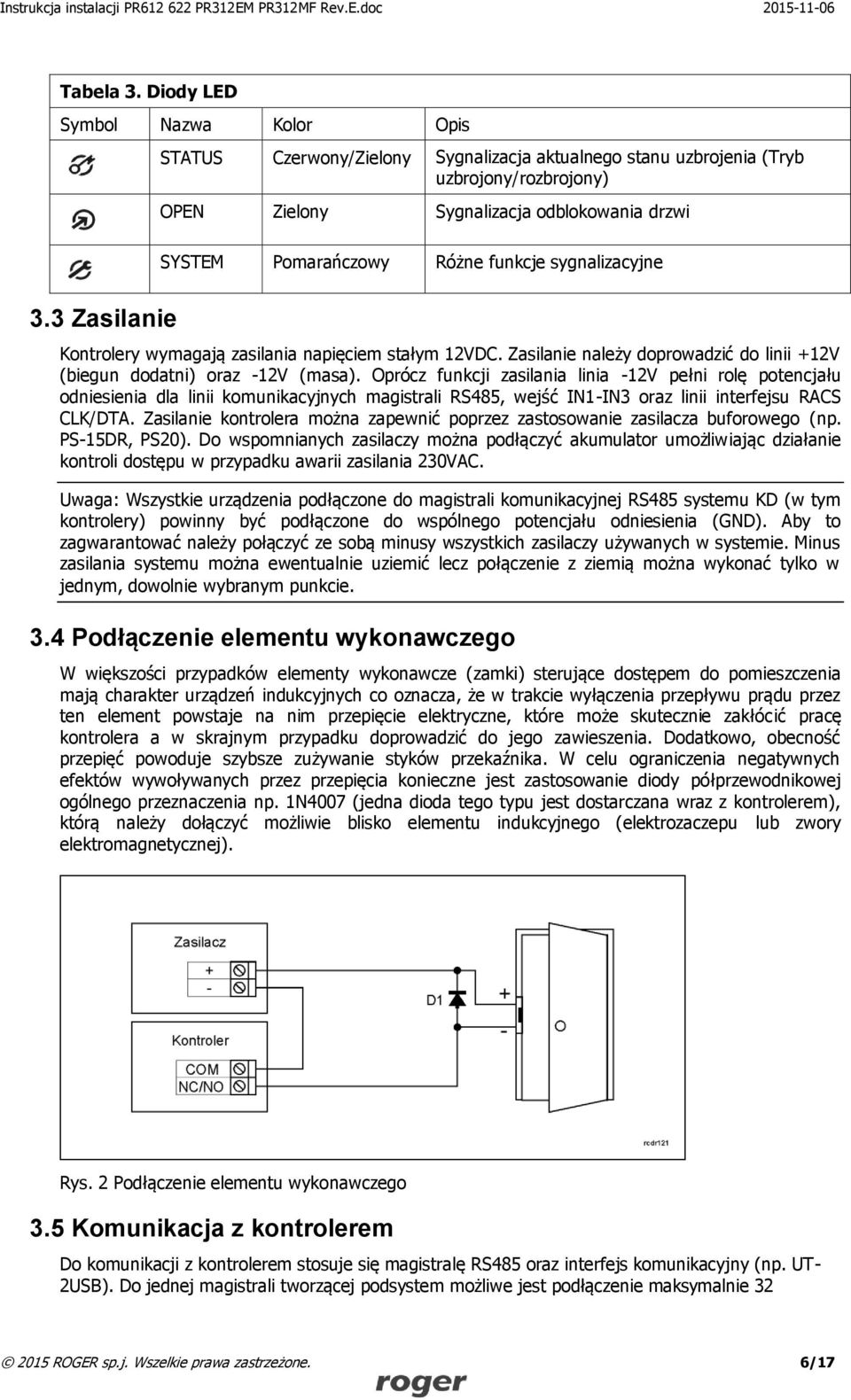 funkcje sygnalizacyjne 3.3 Zasilanie Kontrolery wymagają zasilania napięciem stałym 12VDC. Zasilanie należy doprowadzić do linii +12V (biegun dodatni) oraz -12V (masa).