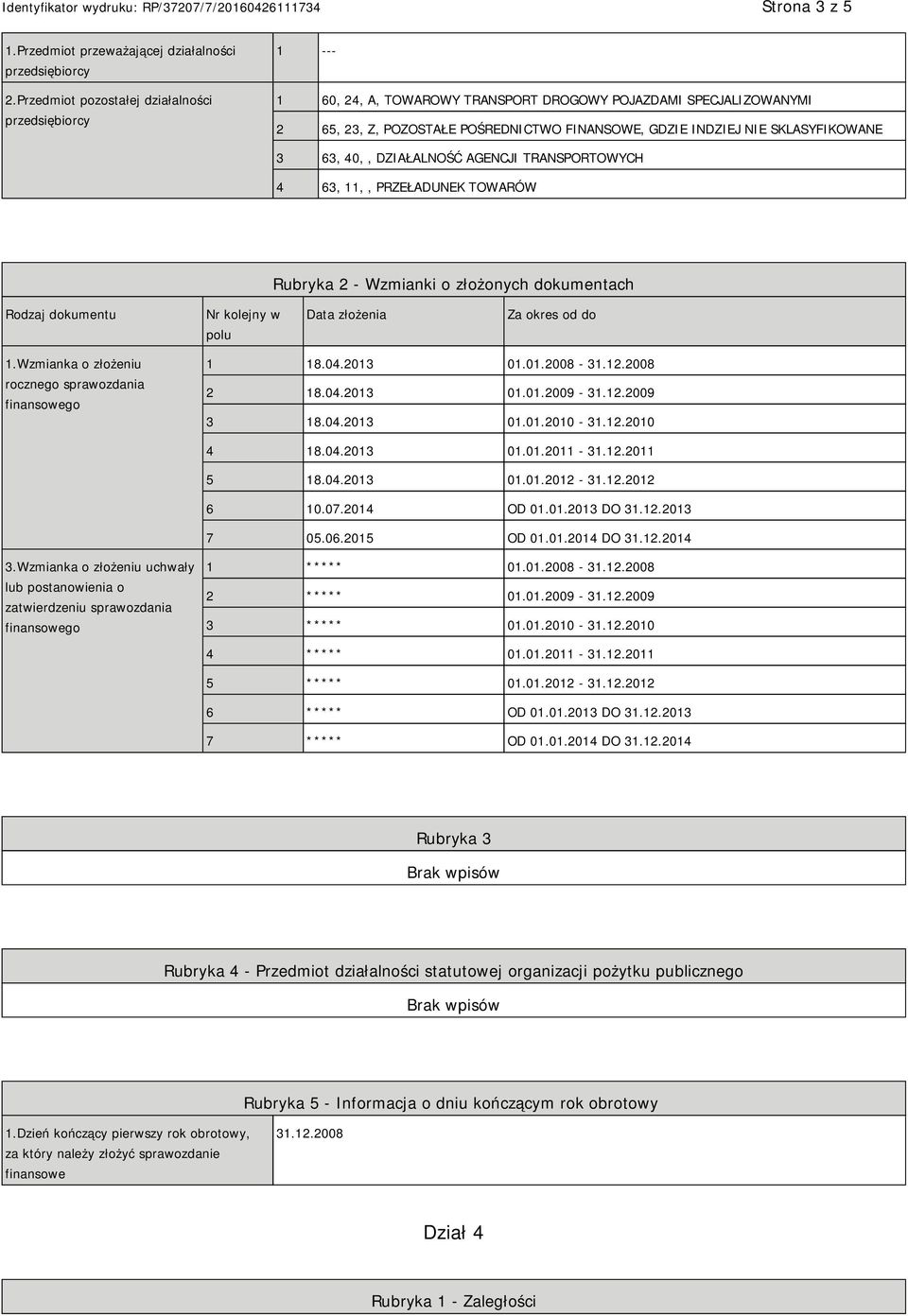 DZIAŁALNOŚĆ AGENCJI TRANSPORTOWYCH 4 63, 11,, PRZEŁADUNEK TOWARÓW Rubryka 2 - Wzmianki o złożonych dokumentach Rodzaj dokumentu Nr kolejny w polu Data złożenia Za okres od do 1.