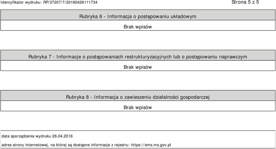 Informacja o zawieszeniu działalności gospodarczej data sporządzenia wydruku 26.04.