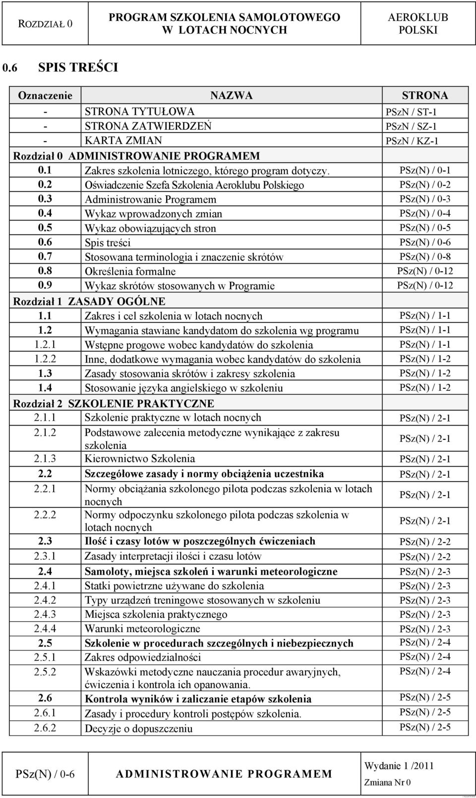 4 Wykaz wprowadzonych zmian PSz(N) / 0-4 0.5 Wykaz obowiązujących stron PSz(N) / 0-5 0.6 Spis treści PSz(N) / 0-6 0.7 Stosowana terminologia i znaczenie skrótów PSz(N) / 0-8 0.