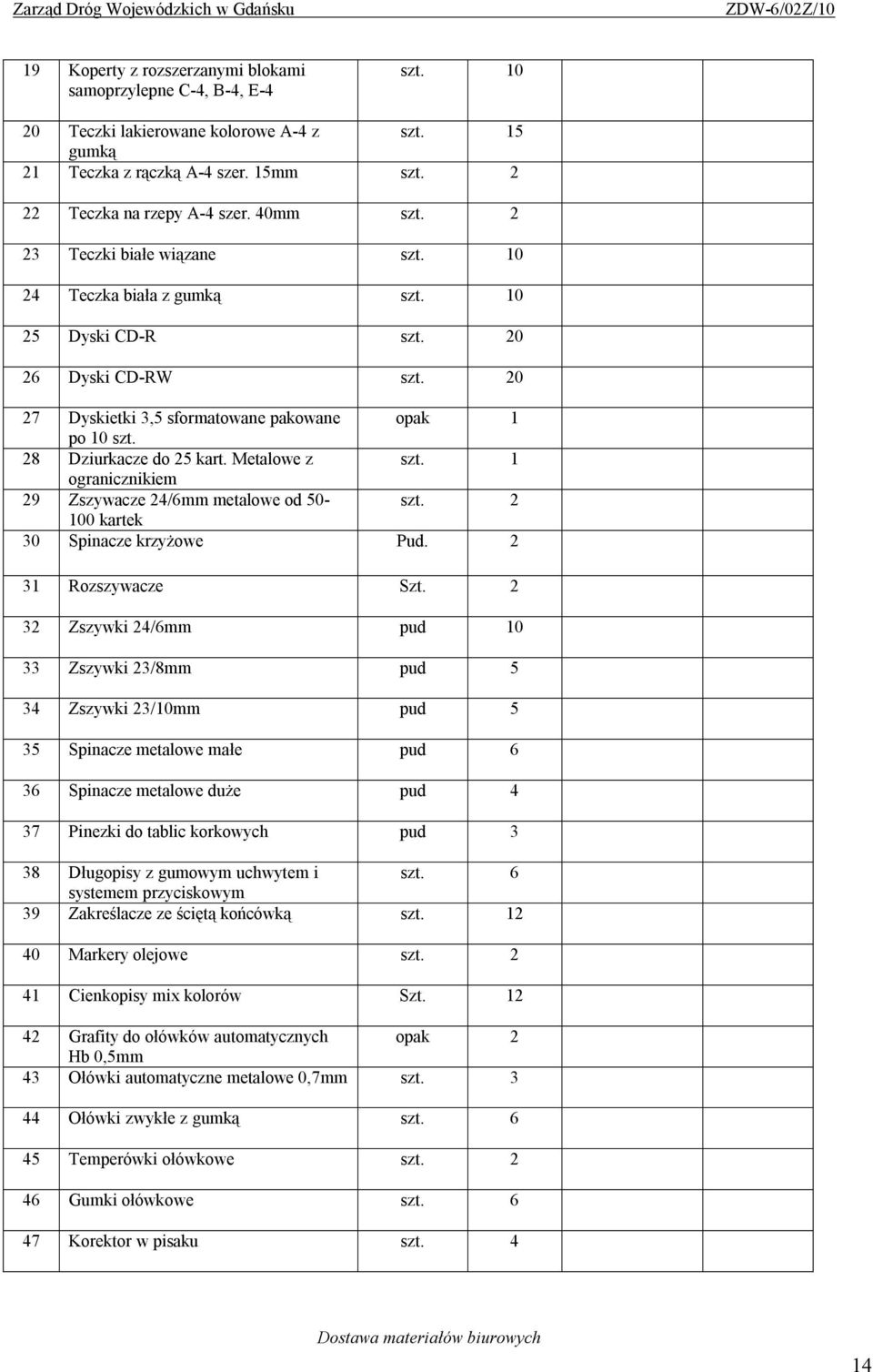 28 Dziurkacze do 25 kart. Metalowe z szt. 1 ogranicznikiem 29 Zszywacze 24/6mm metalowe od 50- szt. 2 100 kartek 30 Spinacze krzyżowe Pud. 2 31 Rozszywacze Szt.