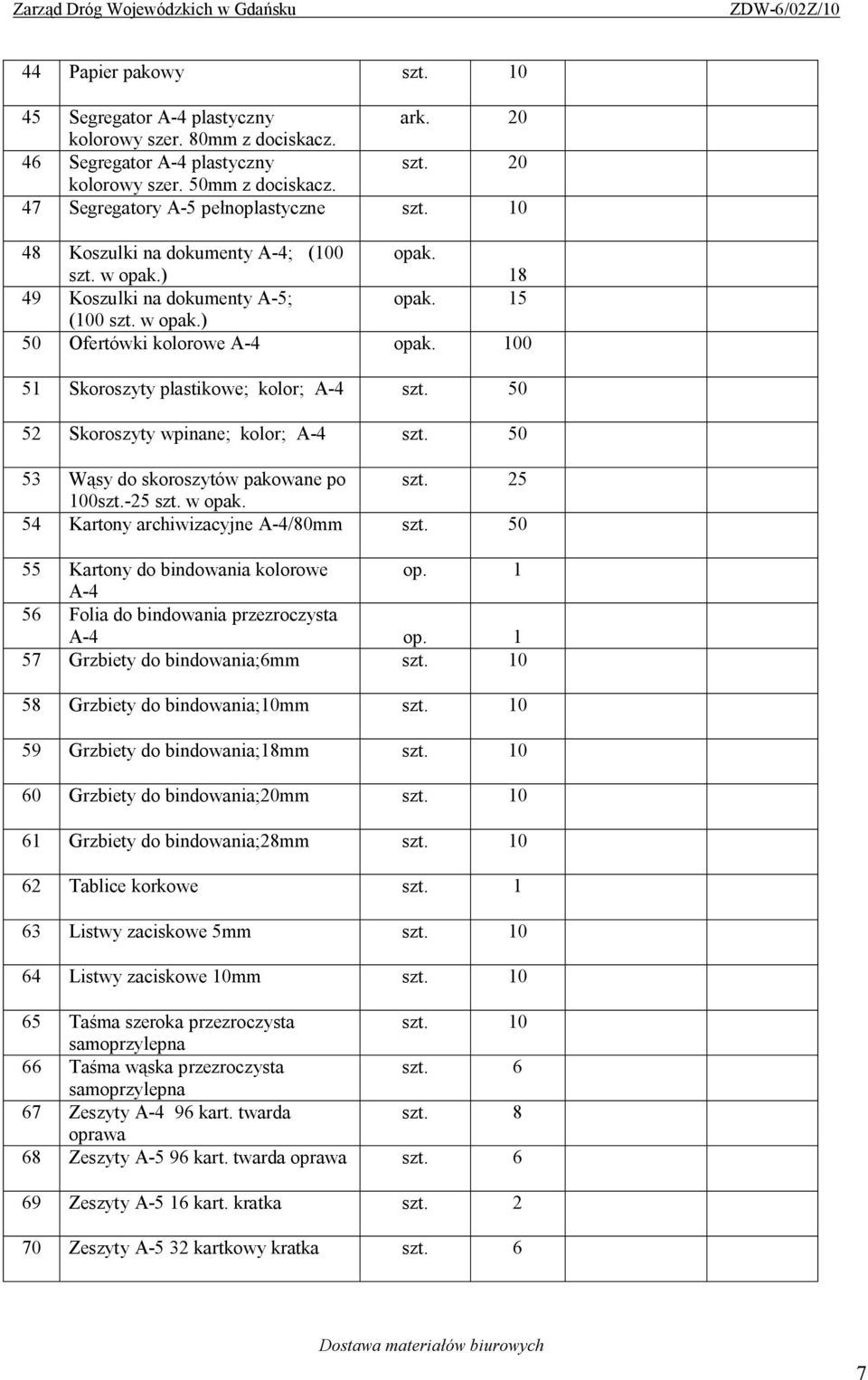 100 51 Skoroszyty plastikowe; kolor; A-4 szt. 50 52 Skoroszyty wpinane; kolor; A-4 szt. 50 53 Wąsy do skoroszytów pakowane po szt. 25 100szt.-25 szt. w opak. 54 Kartony archiwizacyjne A-4/80mm szt.