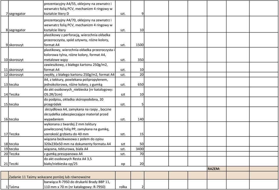 10 9 skoroszyt plastikowy z perforacją, wierzchnia okładka przezroczysta, spód sztywny, różne kolory, format A4 szt.