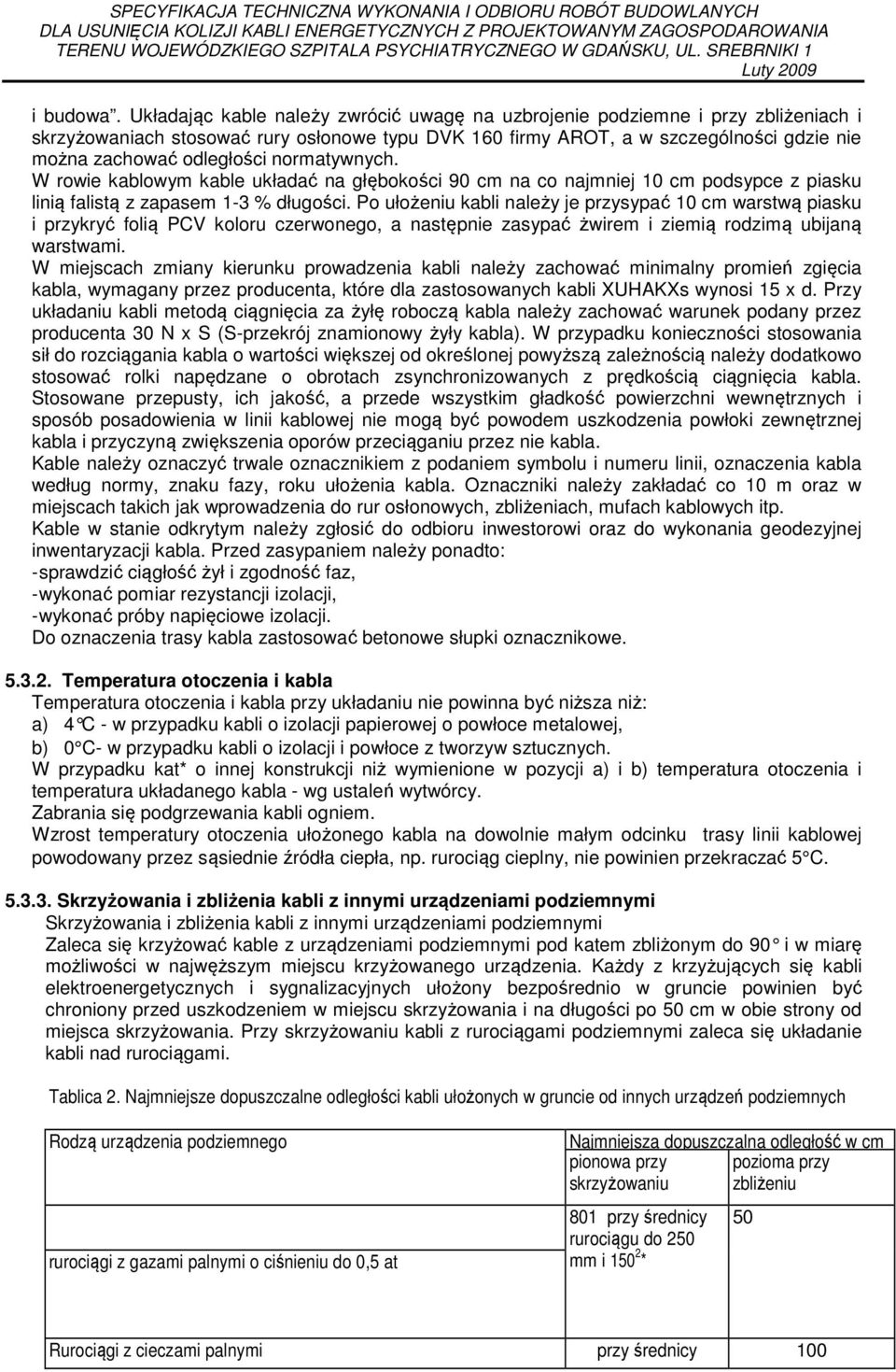 normatywnych. W rowie kablowym kable układać na głębokości 90 cm na co najmniej 10 cm podsypce z piasku linią falistą z zapasem 1-3 % długości.