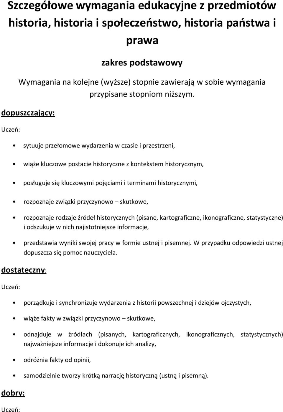 dopuszczający: sytuuje przełomowe wydarzenia w czasie i przestrzeni, wiąże kluczowe postacie historyczne z kontekstem historycznym, posługuje się kluczowymi pojęciami i terminami historycznymi,