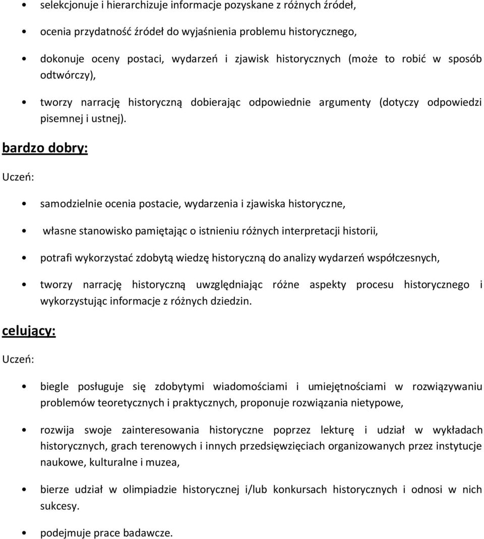 bardzo dobry: samodzielnie ocenia postacie, wydarzenia i zjawiska historyczne, własne stanowisko pamiętając o istnieniu różnych interpretacji historii, potrafi wykorzystać zdobytą wiedzę historyczną