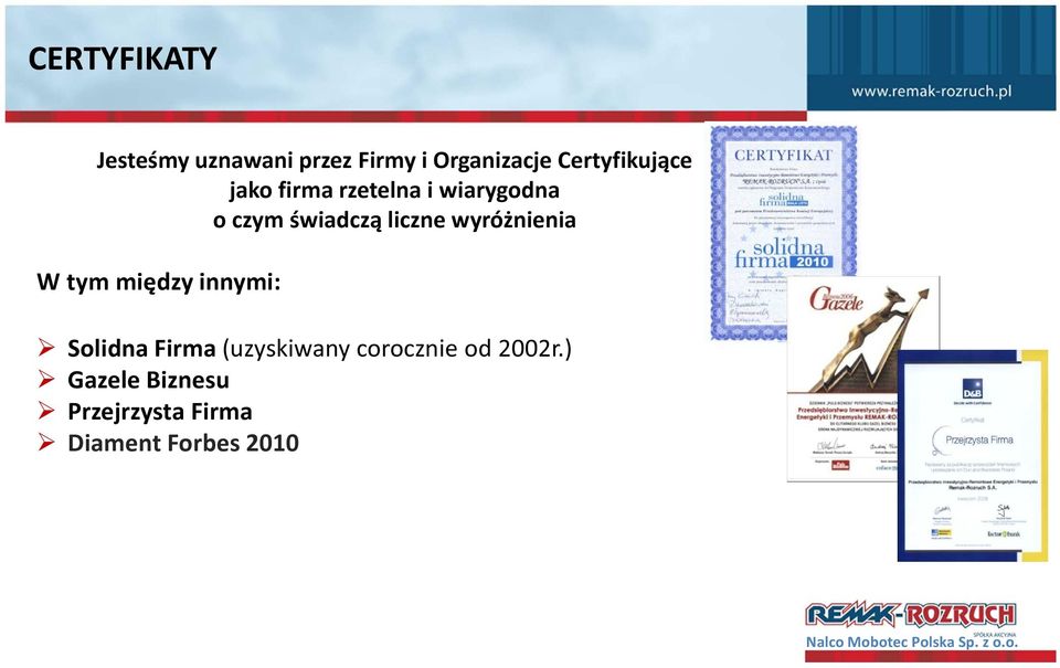 tym między innymi: Solidna Firma (uzyskiwany corocznie od 2002r.