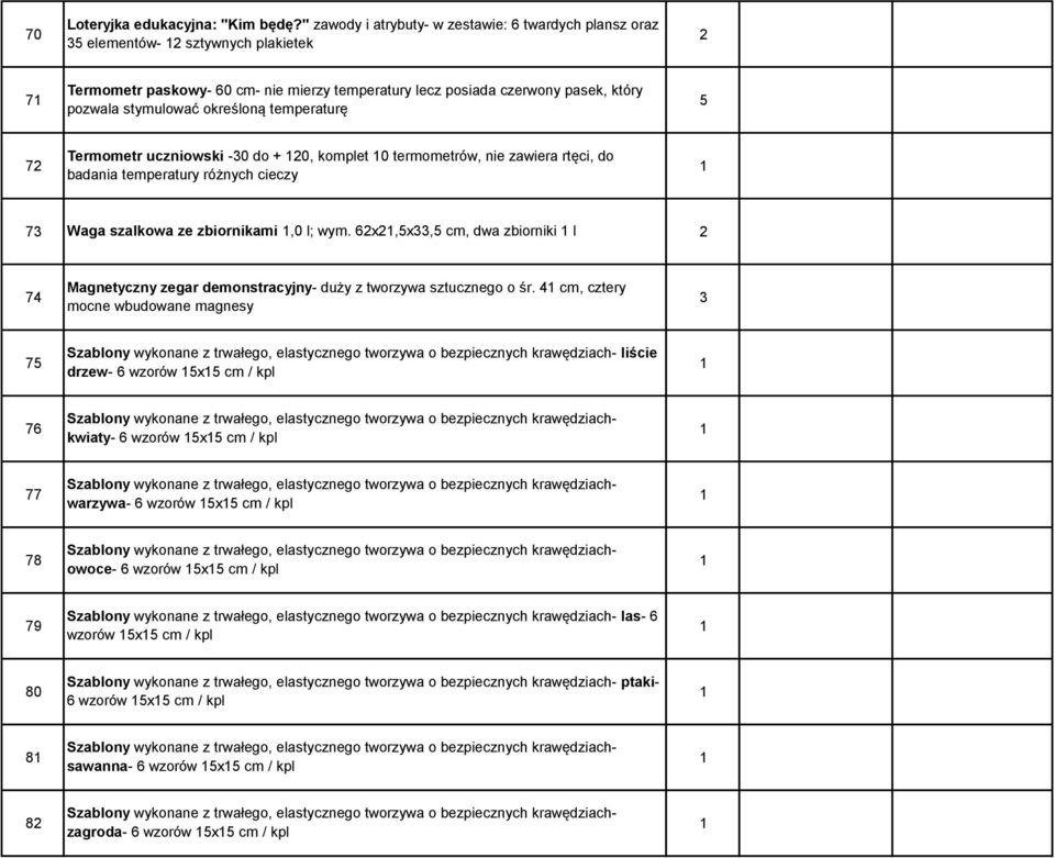 określoną temperaturę Termometr uczniowski -0 do + 0, komplet 0 termometrów, nie zawiera rtęci, do 7 badania temperatury różnych cieczy 7 Waga szalkowa ze zbiornikami,0 l; wym.