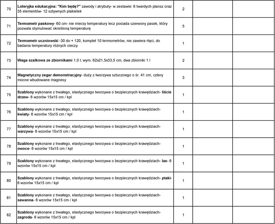 określoną temperaturę Termometr uczniowski -0 do + 0, komplet 0 termometrów, nie zawiera rtęci, do 7 badania temperatury różnych cieczy 7 Waga szalkowa ze zbiornikami,0 l; wym.