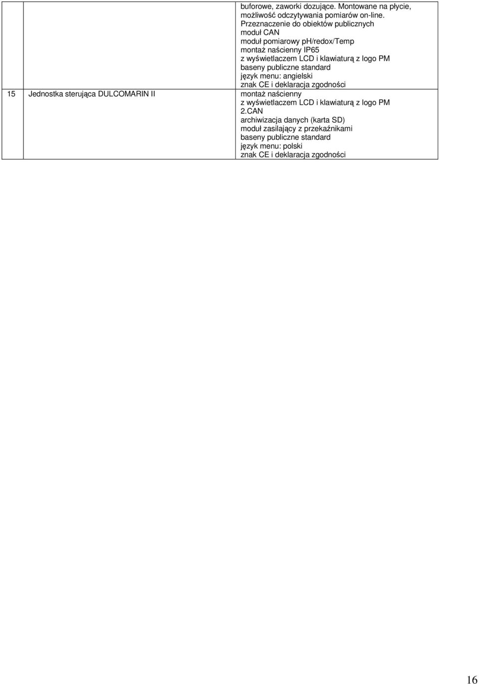 PM baseny publiczne standard język menu: angielski znak CE i deklaracja zgodności 15 Jednostka sterująca DULCOMARIN II montaż naścienny z