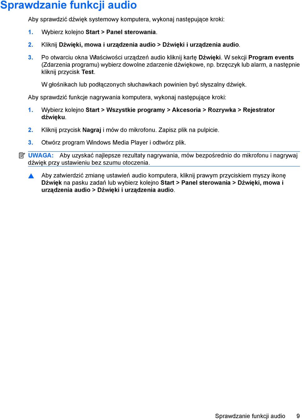 W sekcji Program events (Zdarzenia programu) wybierz dowolne zdarzenie dźwiękowe, np. brzęczyk lub alarm, a następnie kliknij przycisk Test.
