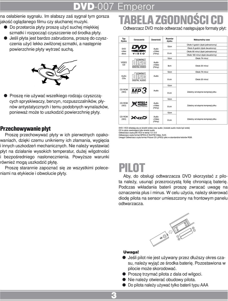 TABELA ZGODNOŚCI CD Odtwarzacz DVD może odtwarzać następujące formaty płyt: Proszę nie używać wszelkiego rodzaju czyszczących spryskiwaczy, benzyn, rozpuszczalników, płynów antystatycznych i temu