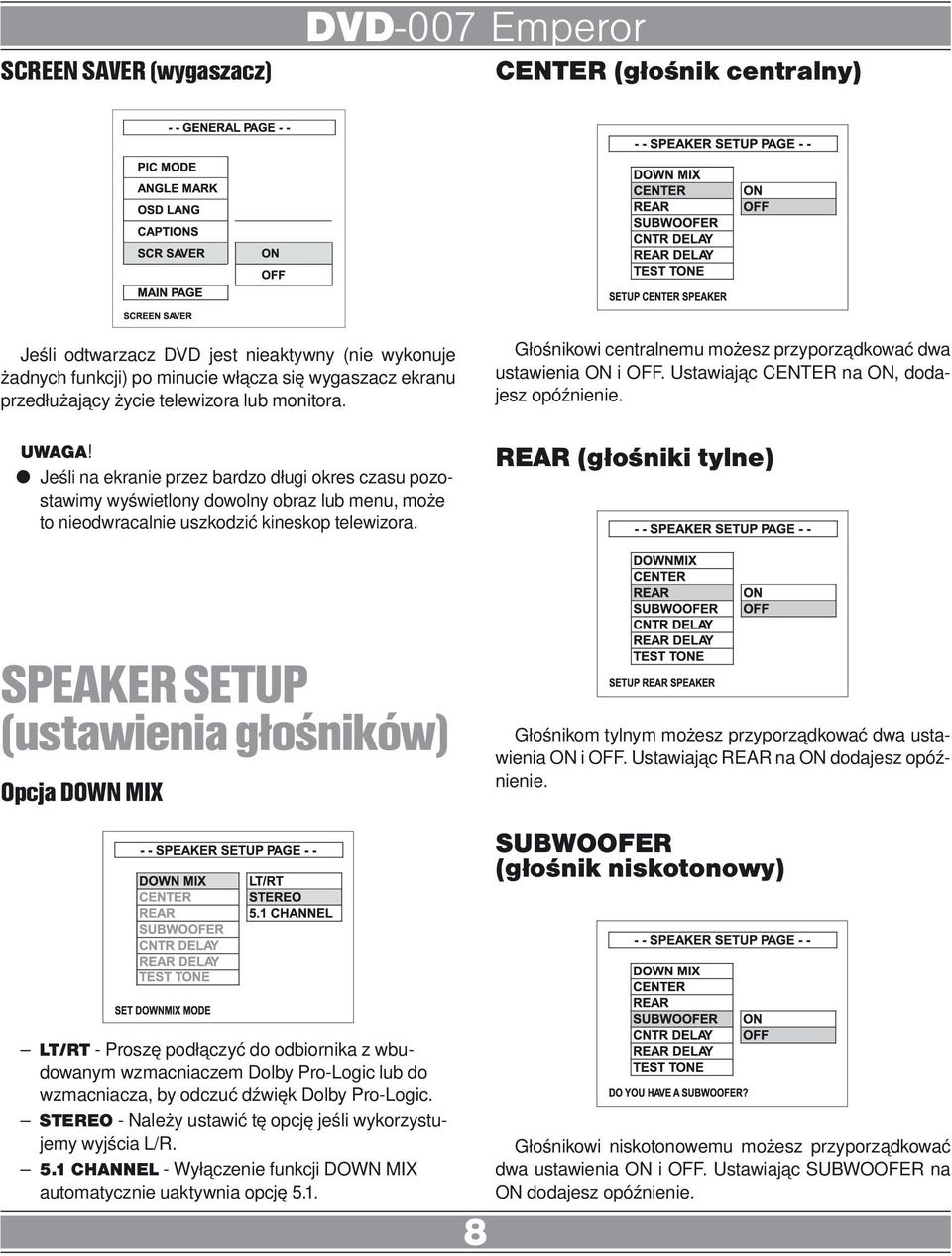 Głośnikowi centralnemu możesz przyporządkować dwa ustawienia ON i OFF. Ustawiając CENTER na ON, dodajesz opóźnienie.