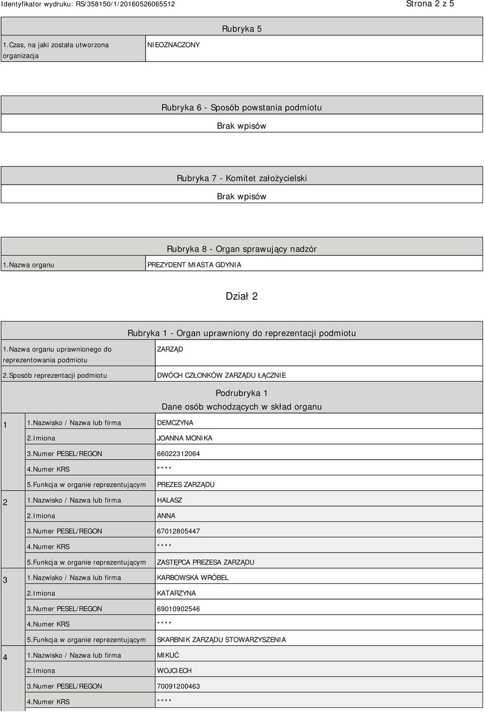 Sposób reprezentacji podmiotu ZARZĄD DWÓCH CZŁONKÓW ZARZĄDU ŁĄCZNIE 1 1.Nazwisko / Nazwa lub firma DEMCZYNA Podrubryka 1 Dane osób wchodzących w skład organu JOANNA MONIKA 3.