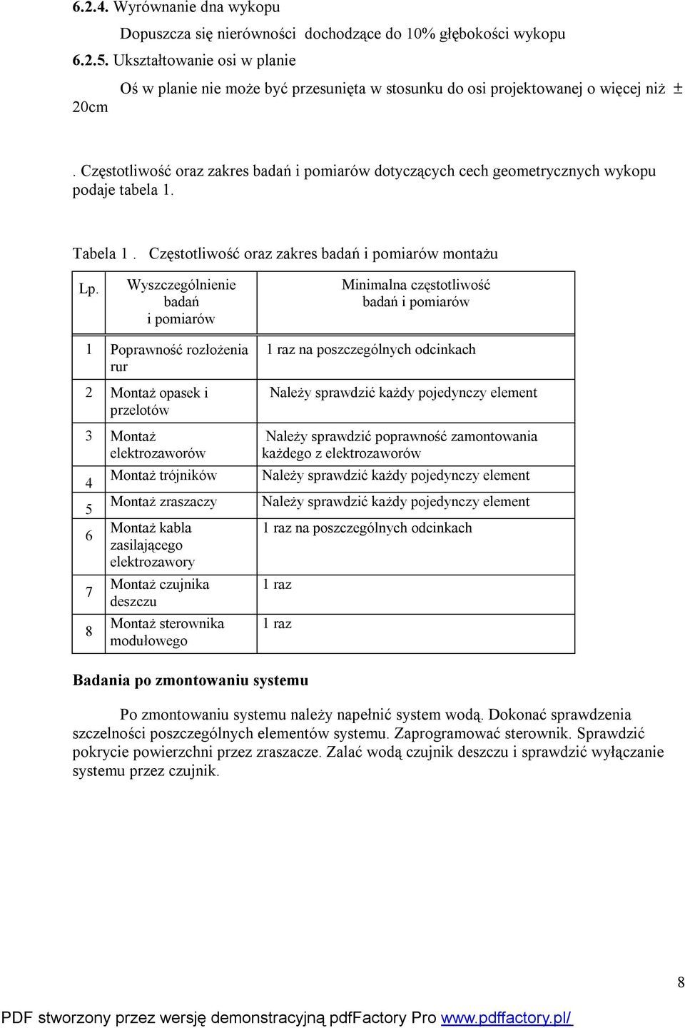 Częstotliwość oraz zakres badań i pomiarów dotyczących cech geometrycznych wykopu podaje tabela 1. Tabela 1. Częstotliwość oraz zakres badań i pomiarów montażu Lp.