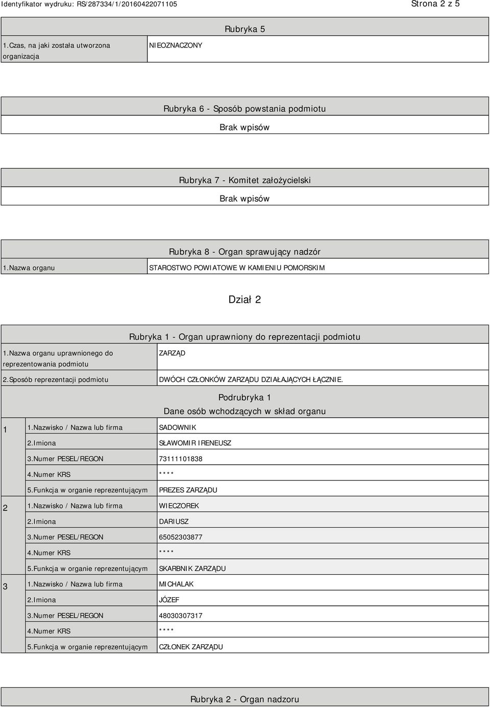 Sposób reprezentacji podmiotu ZARZĄD DWÓCH CZŁONKÓW ZARZĄDU DZIAŁAJĄCYCH ŁĄCZNIE. 1 1.Nazwisko / Nazwa lub firma SADOWNIK Podrubryka 1 Dane osób wchodzących w skład organu SŁAWOMIR IRENEUSZ 3.