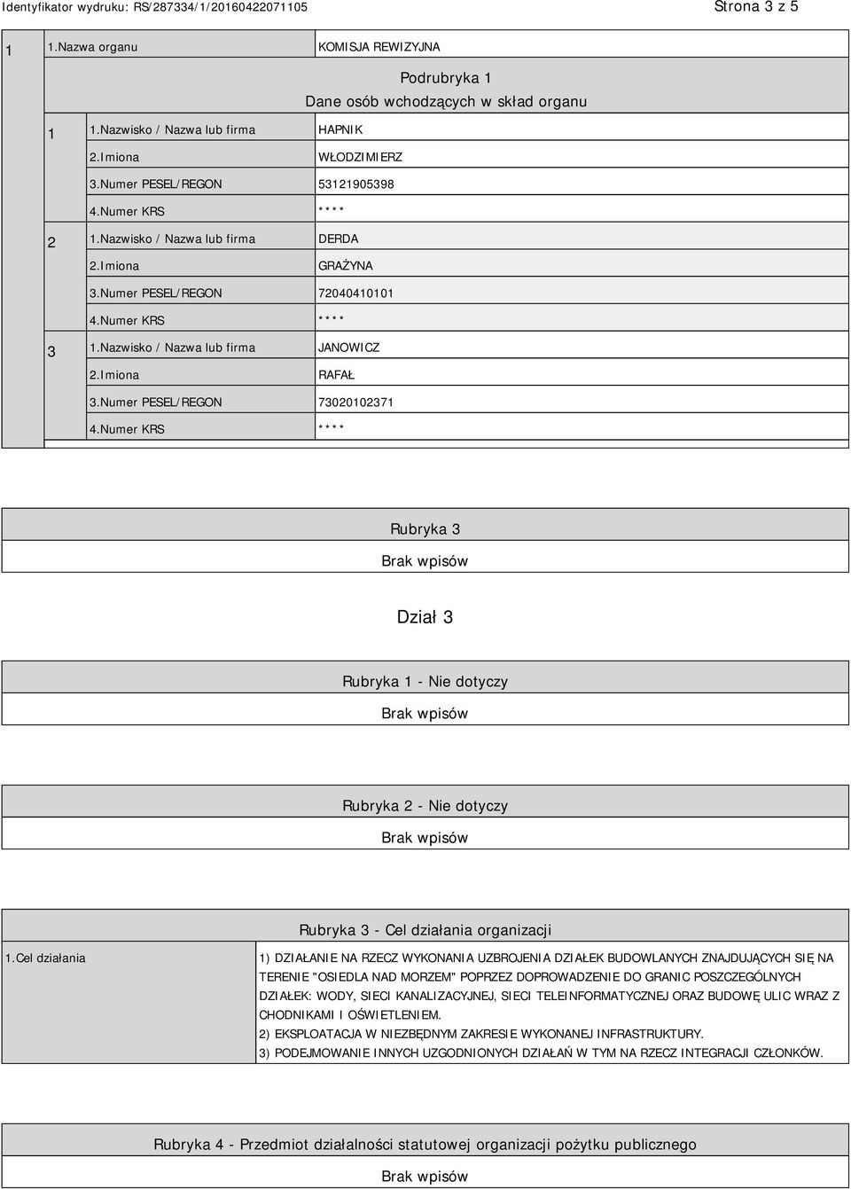 Numer PESEL/REGON 73020102371 Rubryka 3 Dział 3 Rubryka 1 - Nie dotyczy Rubryka 2 - Nie dotyczy Rubryka 3 - Cel działania organizacji 1.