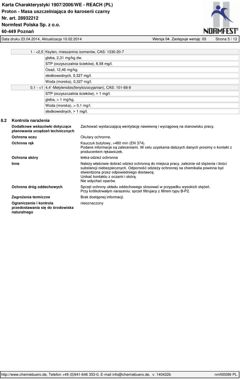 0,1 - <1 4,4`-Metylenobis(fenyloizocyjanian), CAS: 101-68-8 STP (oczyszczalnia ścieków), > 1 mg/l. gleba, > 1 mg/kg. Woda (morska), > 0,1 mg/l. słodkowodnych, > 1 mg/l.