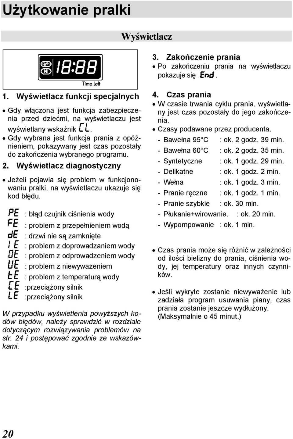 Gdy wybrana jest funkcja prania z opóźnieniem, pokazywany jest czas pozostały do zakończenia wybranego programu. 2.