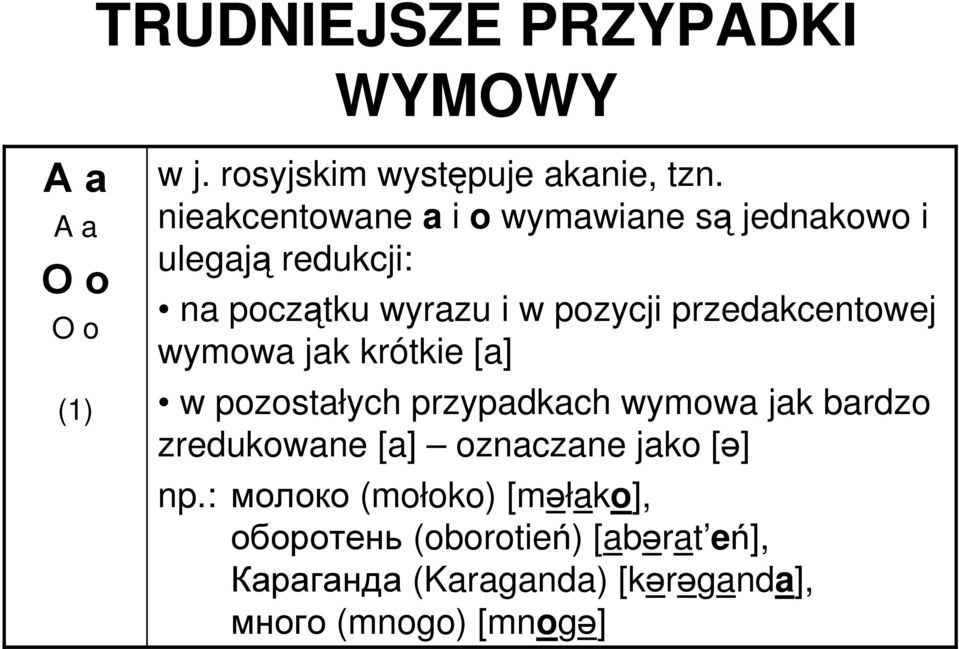 przedakcentowej wymowa jak krótkie [a] w pozostałych przypadkach wymowa jak bardzo zredukowane [a]
