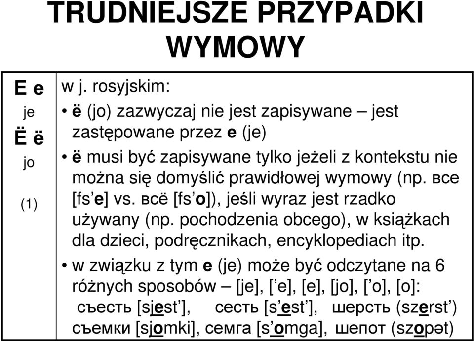 domyślić prawidłowej wymowy (np. все [fs e] vs. всё [fs o]), jeśli wyraz jest rzadko uŝywany (np.