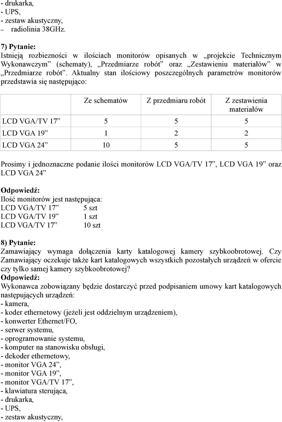 Aktualny stan ilościowy poszczególnych parametrów monitorów przedstawia się następująco: Ze schematów Z przedmiaru robót Z zestawienia materiałów LCD VGA/TV 17 5 5 5 LCD VGA 19 1 2 2 LCD VGA 24 10 5