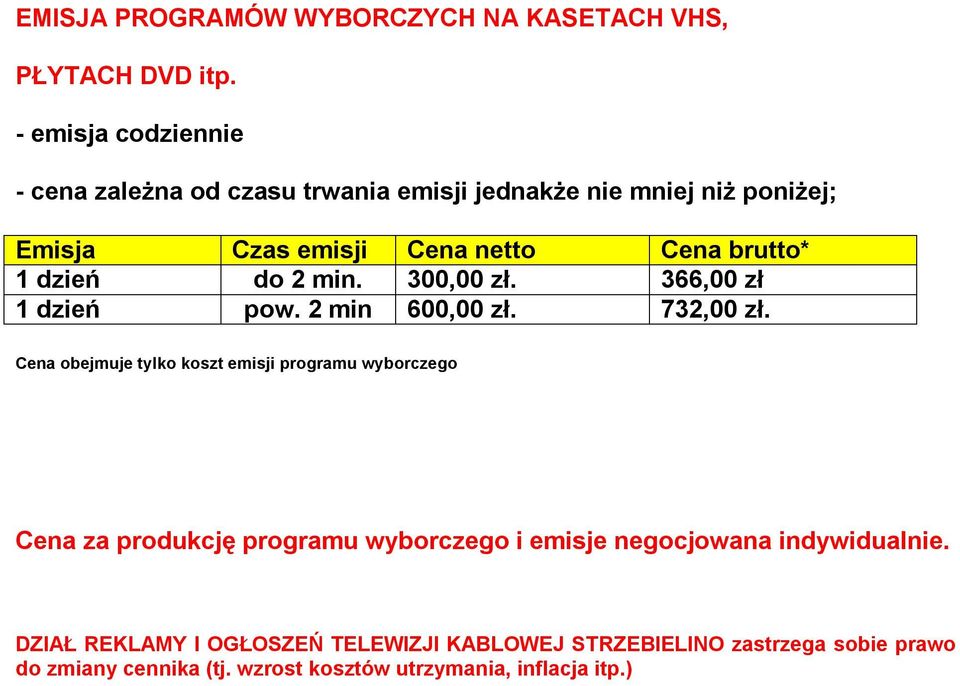 dzień do 2 min. 300,00 zł. 366,00 zł 1 dzień pow. 2 min 600,00 zł. 732,00 zł.