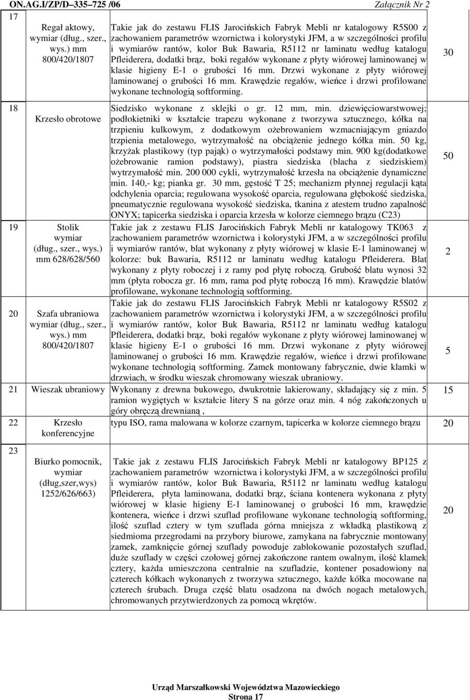 ) mm i ów rantów, kolor Buk Bawaria, R5 nr laminatu według katalogu 800/0/807 Pfleiderera, dodatki br z, boki regałów wykonane z płyty wiórowej laminowanej w klasie higieny E- o gruboci 6 mm.