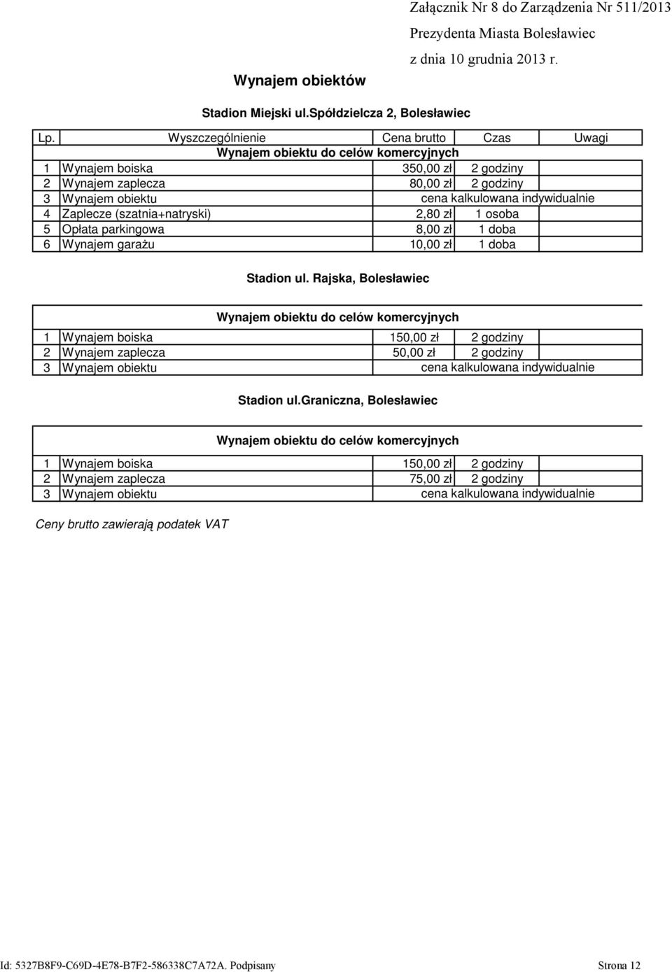 (szatnia+natryski) 2,80 zł 1 osoba 5 Opłata parkingowa 8,00 zł 1 doba 6 Wynajem garażu 10,00 zł 1 doba Stadion ul.