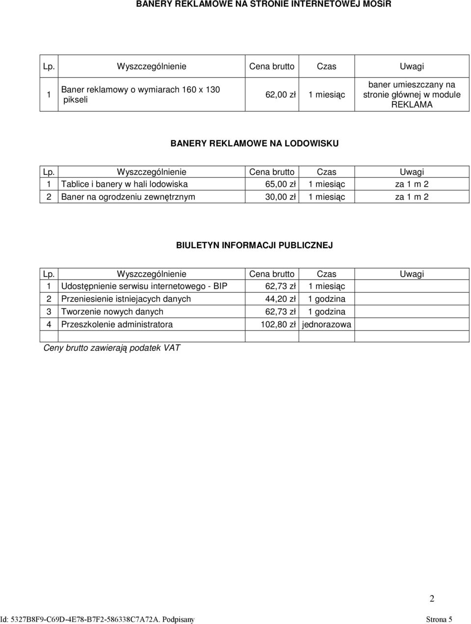 miesiąc za 1 m 2 BIULETYN INFORMACJI PUBLICZNEJ 1 Udostępnienie serwisu internetowego - BIP 62,73 zł 1 miesiąc 2 Przeniesienie istniejacych danych 44,20 zł 1