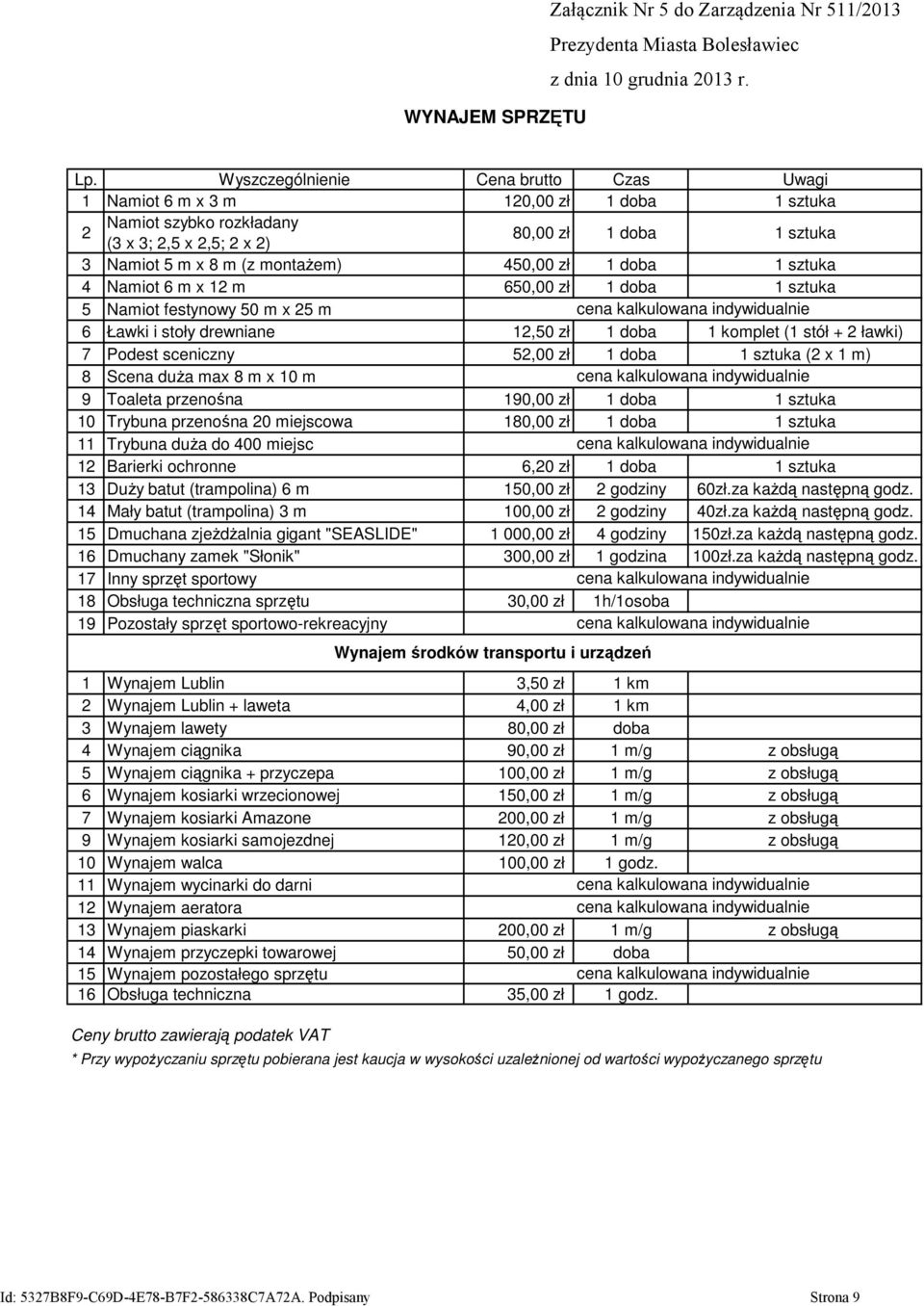 sceniczny 52,00 zł 1 doba 1 sztuka (2 x 1 m) 8 Scena duża max 8 m x 10 m 9 Toaleta przenośna 190,00 zł 1 doba 1 sztuka 10 Trybuna przenośna 20 miejscowa 180,00 zł 1 doba 1 sztuka 11 Trybuna duża do