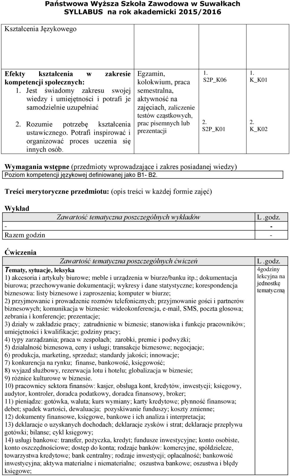 S2P_K06 S2P_K01 K_K01 K_K02 Wymagania wstępne (przedmioty wprowadzające i zakres posiadanej wiedzy) Poziom kompetencji językowej definiowanej jako B1 B Treści merytoryczne przedmiotu: (opis treści w