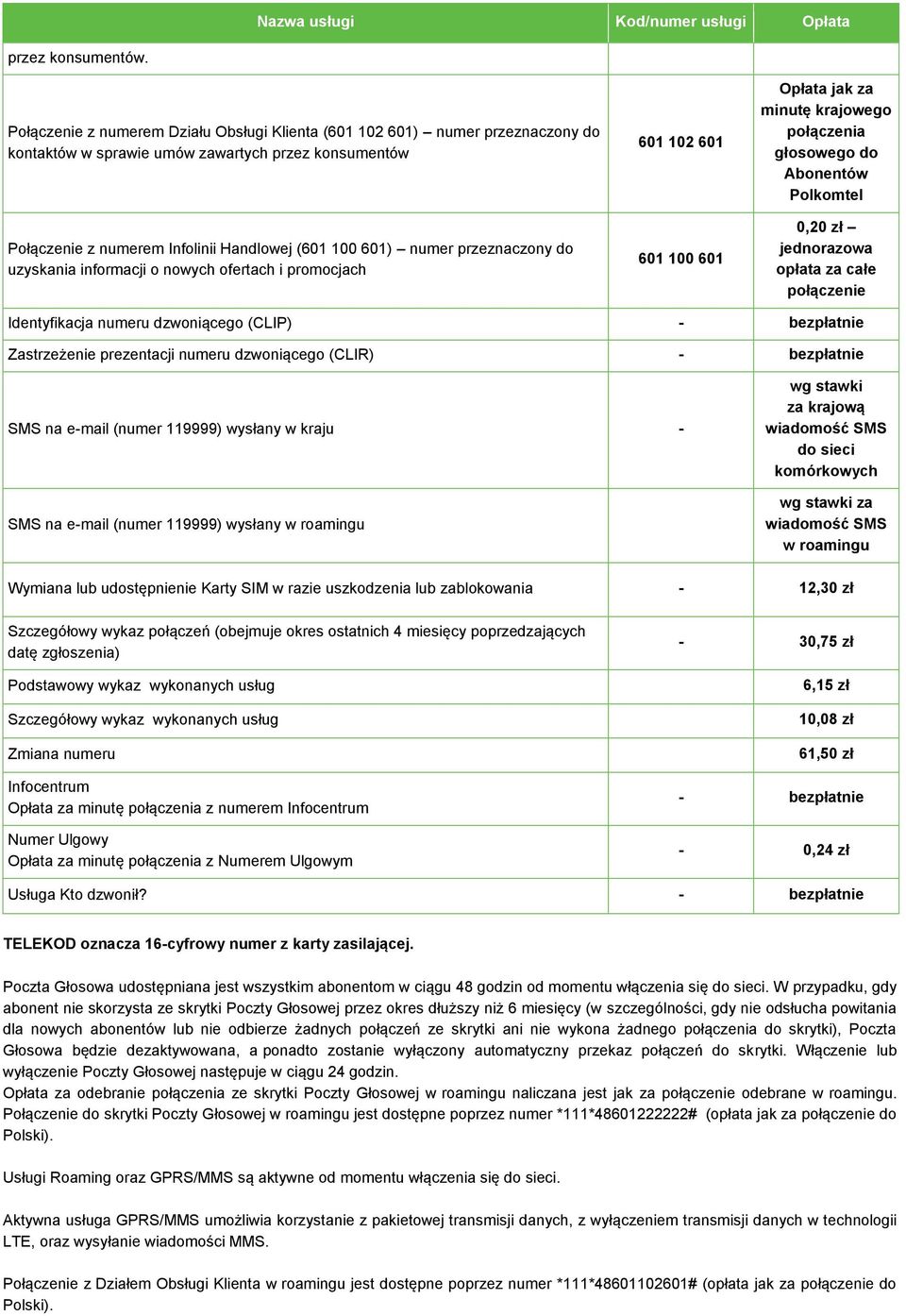przeznaczony do uzyskania informacji o nowych ofertach i promocjach 601 102 601 601 100 601 Opłata jak za minutę krajowego połączenia głosowego do Abonentów Polkomtel 0,20 zł jednorazowa opłata za