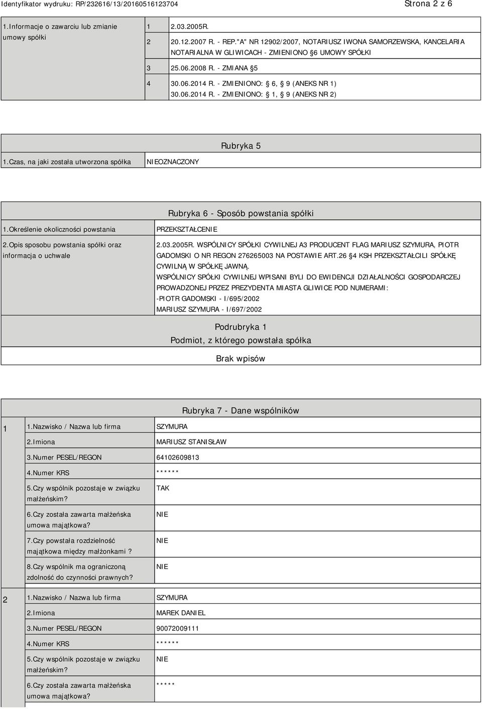 Czas, na jaki została utworzona spółka OZNACZONY Rubryka 6 - Sposób powstania spółki 1.Określenie okoliczności powstania 2.Opis sposobu powstania spółki oraz informacja o uchwale PRZEKSZTAŁCE 2.03.