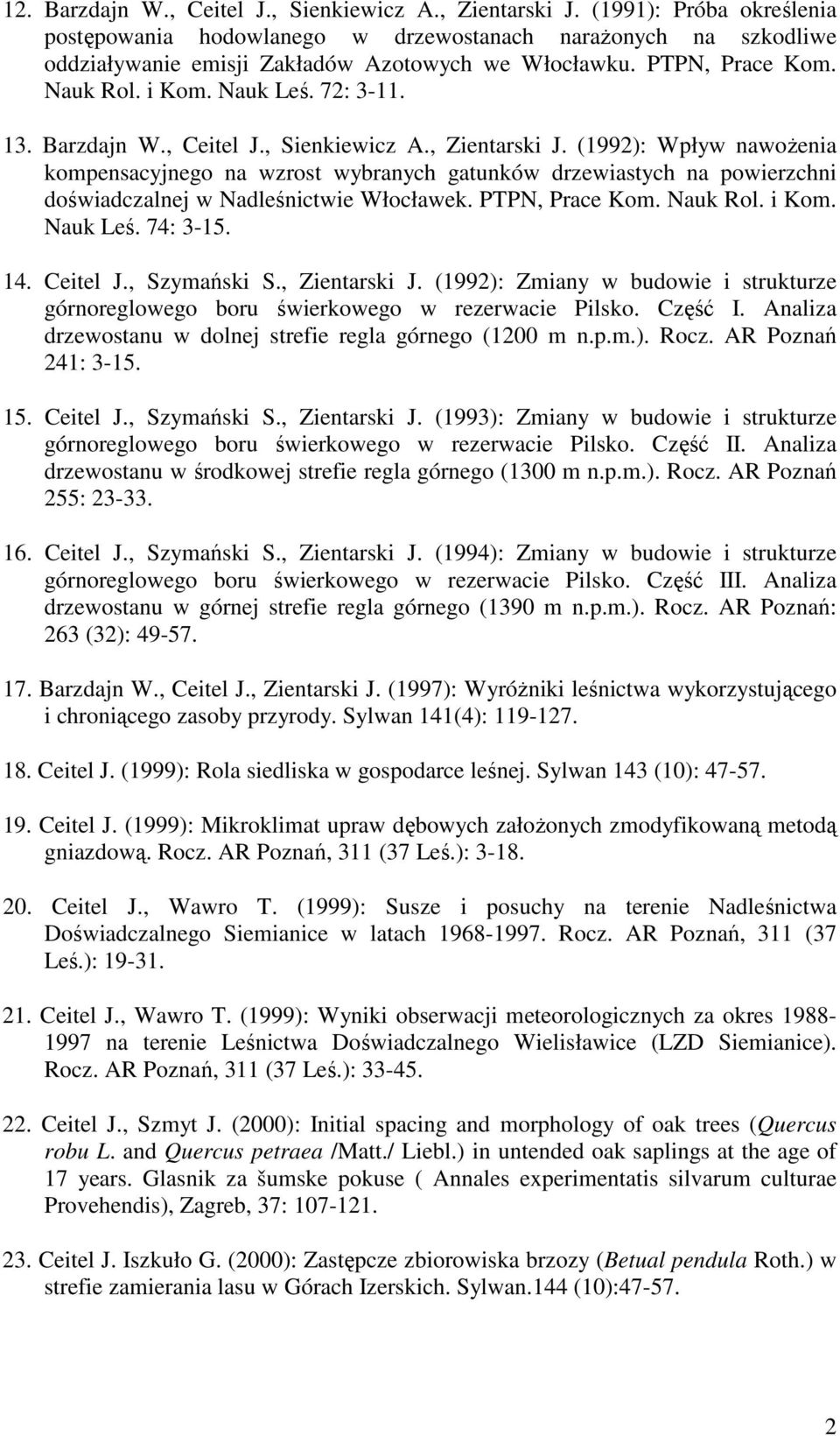 13. Barzdajn W., Ceitel J., Sienkiewicz A., Zientarski J. (1992): Wpływ nawoŝenia kompensacyjnego na wzrost wybranych gatunków drzewiastych na powierzchni doświadczalnej w Nadleśnictwie Włocławek.