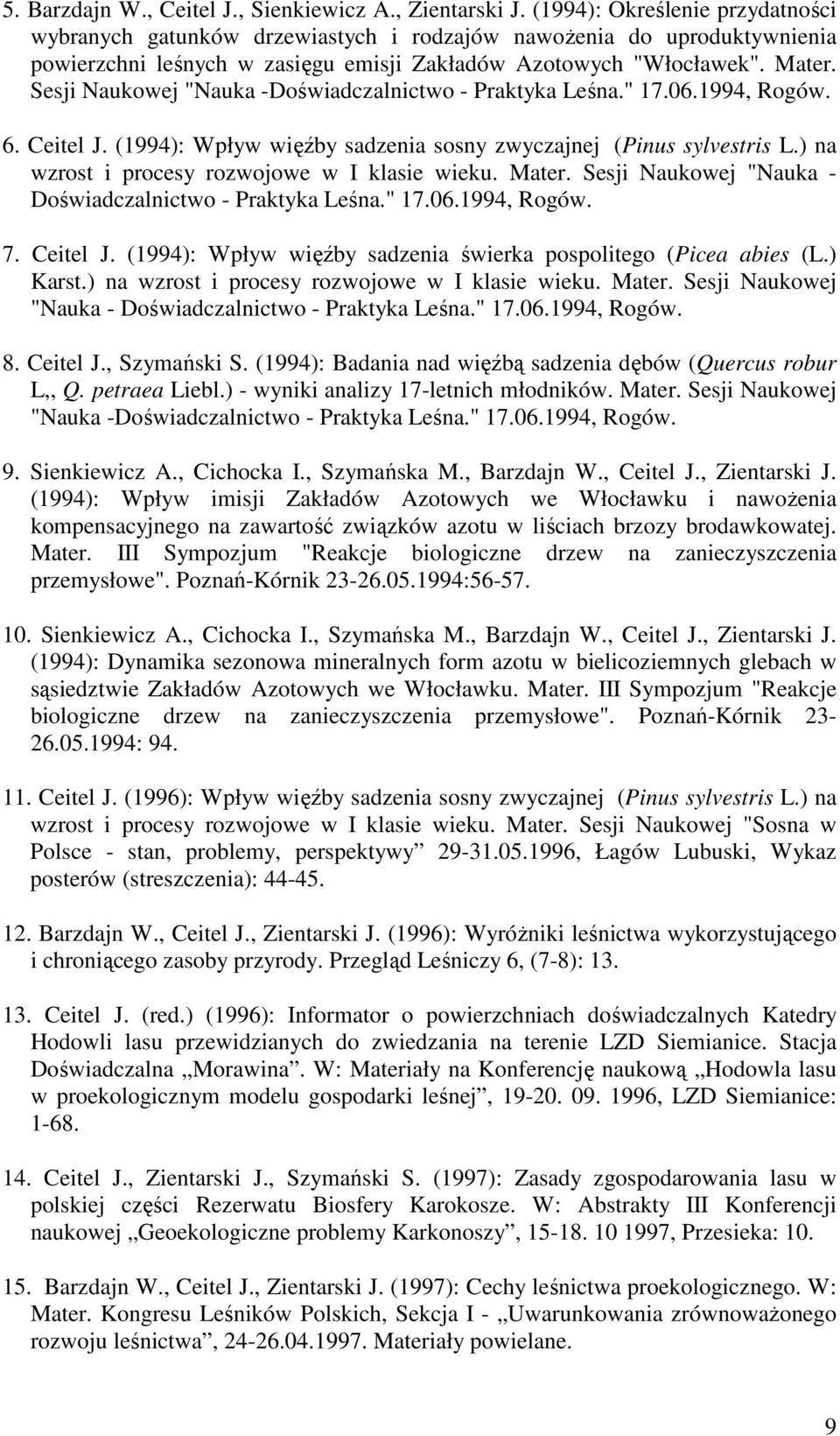 Sesji Naukowej "Nauka -Doświadczalnictwo - Praktyka Leśna." 17.06.1994, Rogów. 6. Ceitel J. (1994): Wpływ więźby sadzenia sosny zwyczajnej (Pinus sylvestris L.