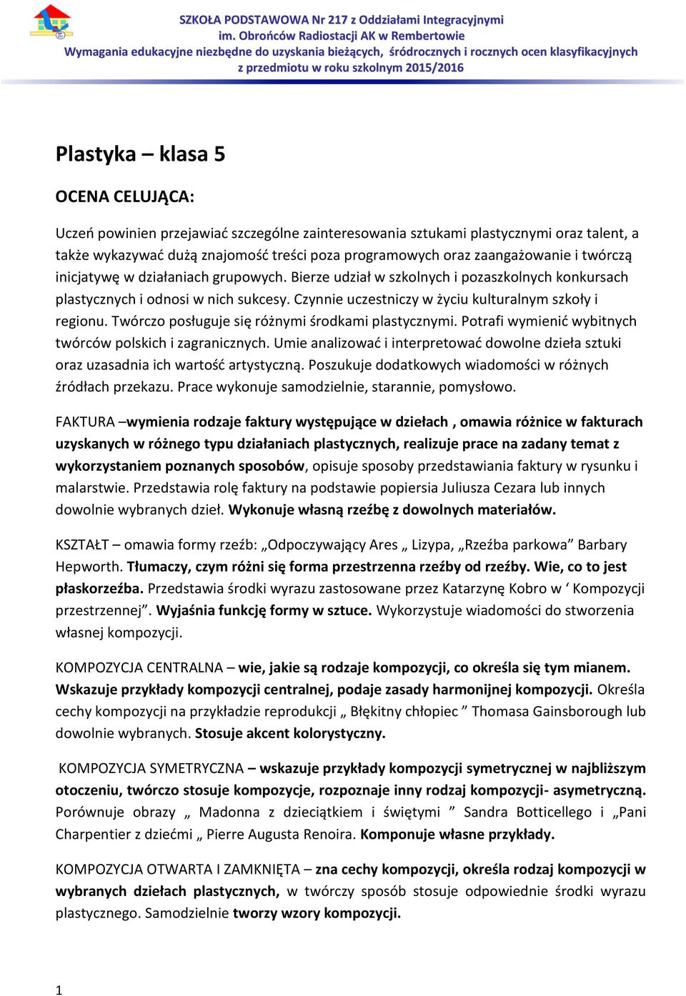 Twórczo posługuje się różnymi środkami plastycznymi. Potrafi wymienić wybitnych twórców polskich i zagranicznych.