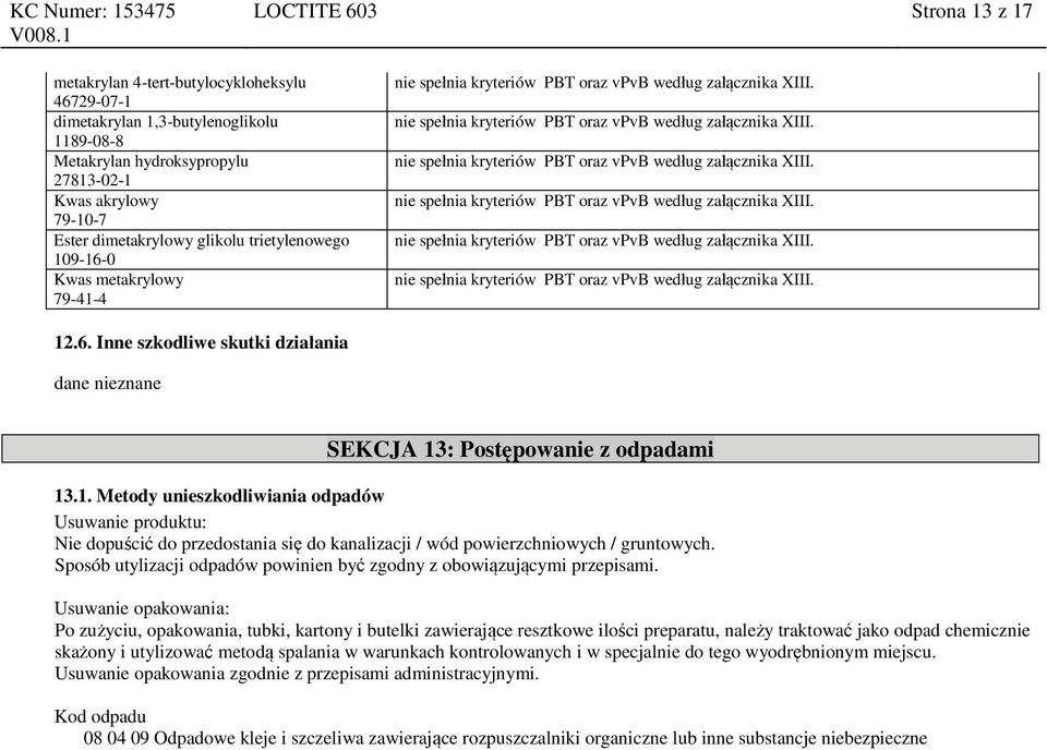 6. Inne szkodliwe skutki działania dane nieznane SEKCJA 13: Postępowanie z odpadami 13.1. Metody unieszkodliwiania odpadów Usuwanie produktu: Nie dopuścić do przedostania się do kanalizacji / wód powierzchniowych / gruntowych.