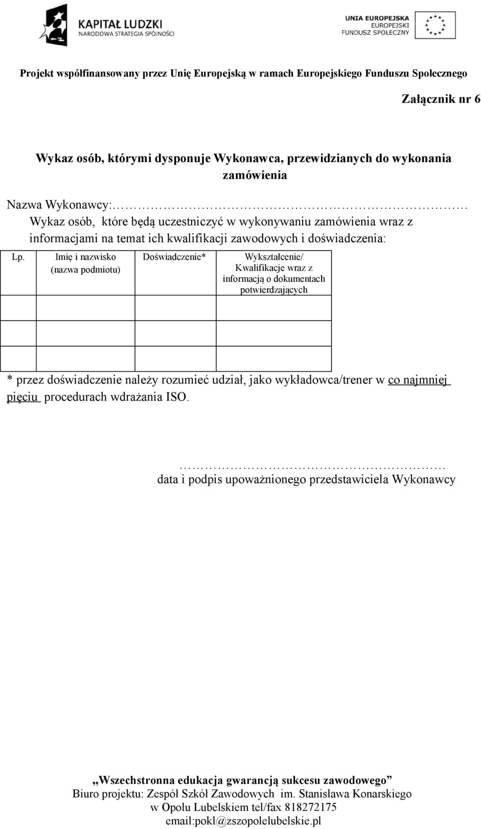 Imię i nazwisko (nazwa podmiotu) Doświadczenie* Wykształcenie/ Kwalifikacje wraz z informacją o dokumentach potwierdzających * przez