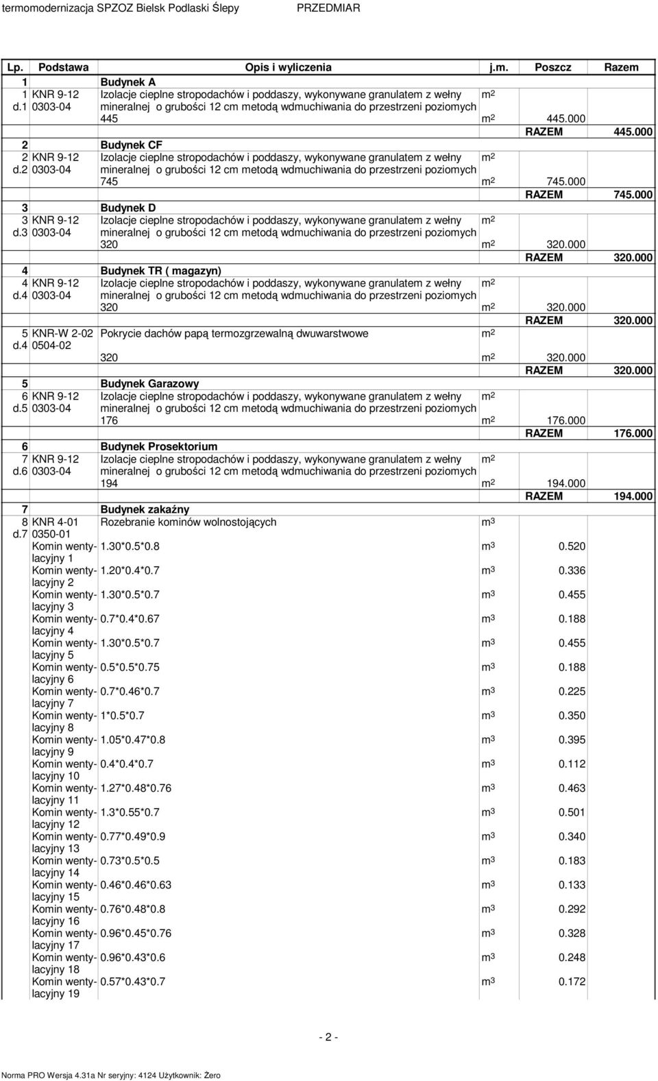 RAZEM 32. Budynek TR ( agazyn) KNR 9-12 granulate z wełny 2 d. 33- ineralnej o grubości 12 c etodą 32 2 32. RAZEM 32. 5 KNR-W 2-2 Pokrycie dachów papą terozgrzewalną dwuwarstwowe 2 d. 5-2 32 2 32.