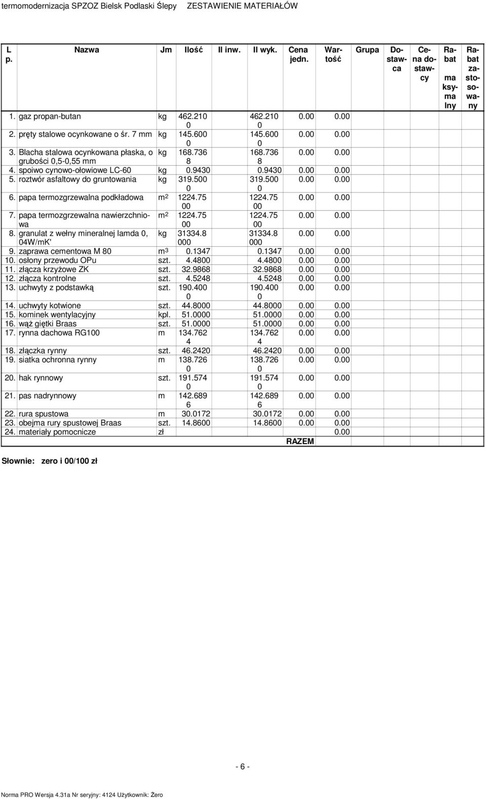 papa terozgrzewalna podkładowa 2 122.75 122.75.. 7. papa terozgrzewalna nawierzchniowa 2 122.75 122.75.. 8. granulat z wełny ineralnej lada, kg 3133.8 3133.8.. W/K' 9. zaprawa ceentowa M 8 3.137.137.. 1. osłony przewodu OPu szt.