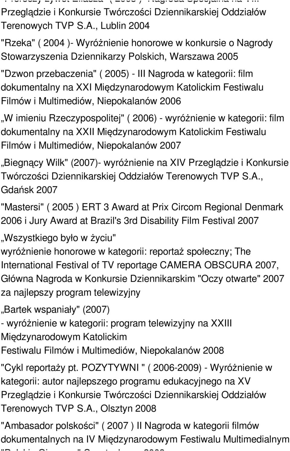 dokumentalny na XXI Międzynarodowym Katolickim Festiwalu Filmów i Multimediów, Niepokalanów 2006 W imieniu Rzeczypospolitej" ( 2006) - wyróżnienie w kategorii: film dokumentalny na XXII