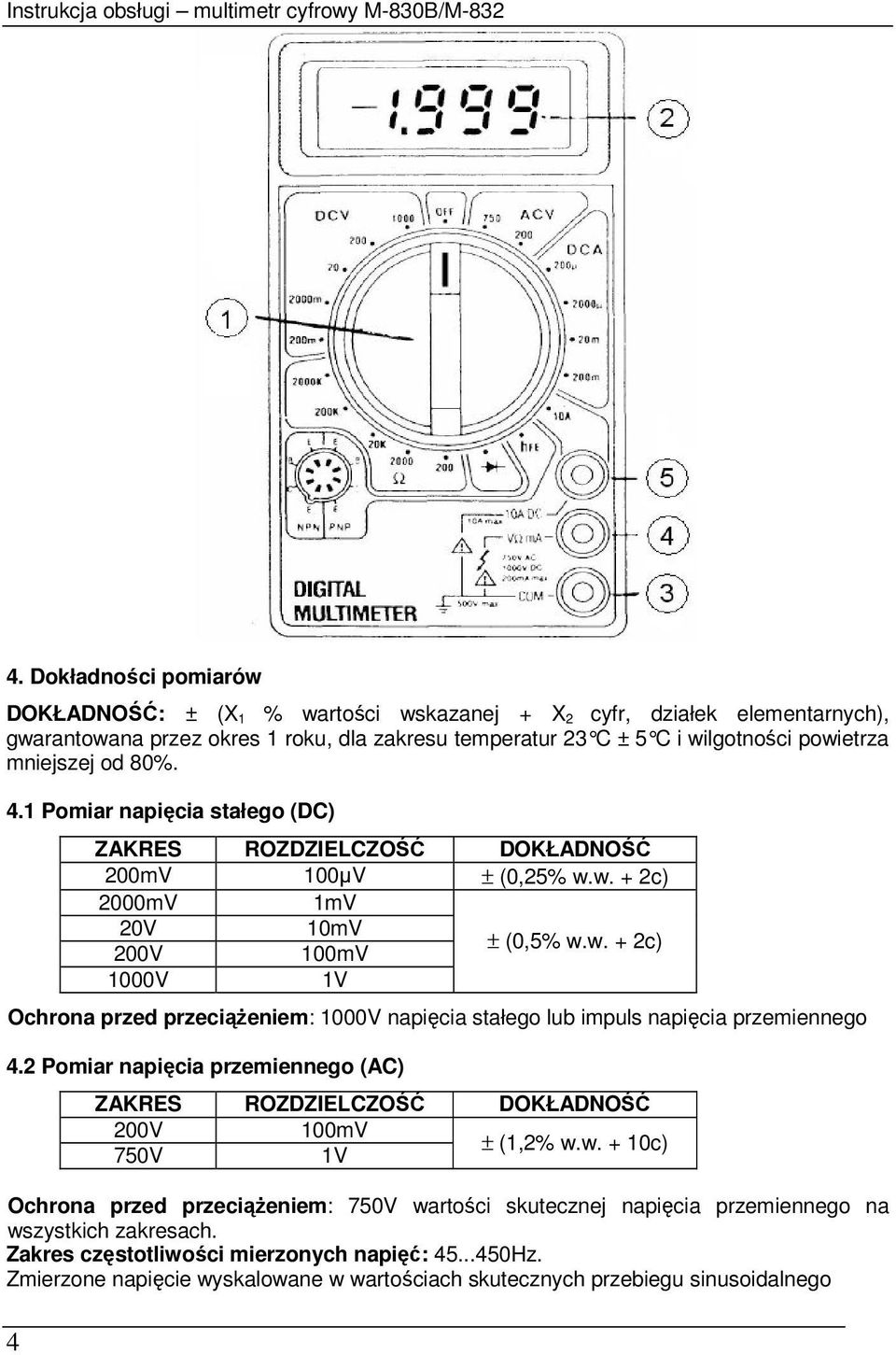 w. + 2c) 2000mV 1mV 20V 10mV 200V 100mV ± (0,5% w.w. + 2c) 1000V 1V Ochrona przed przeciąŝeniem: 1000V napięcia stałego lub impuls napięcia przemiennego 4.