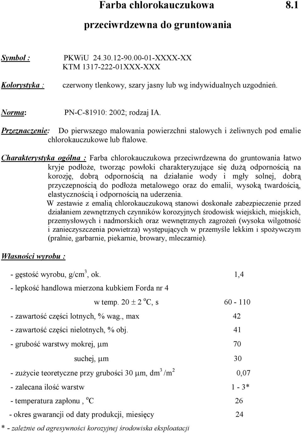 Charakterystyka ogólna : Farba chlorokauczukowa przeciwrdzewna do gruntowania łatwo kryje podłoże, tworząc powłoki charakteryzujące się dużą odpornością na korozję, dobrą odpornością na działanie