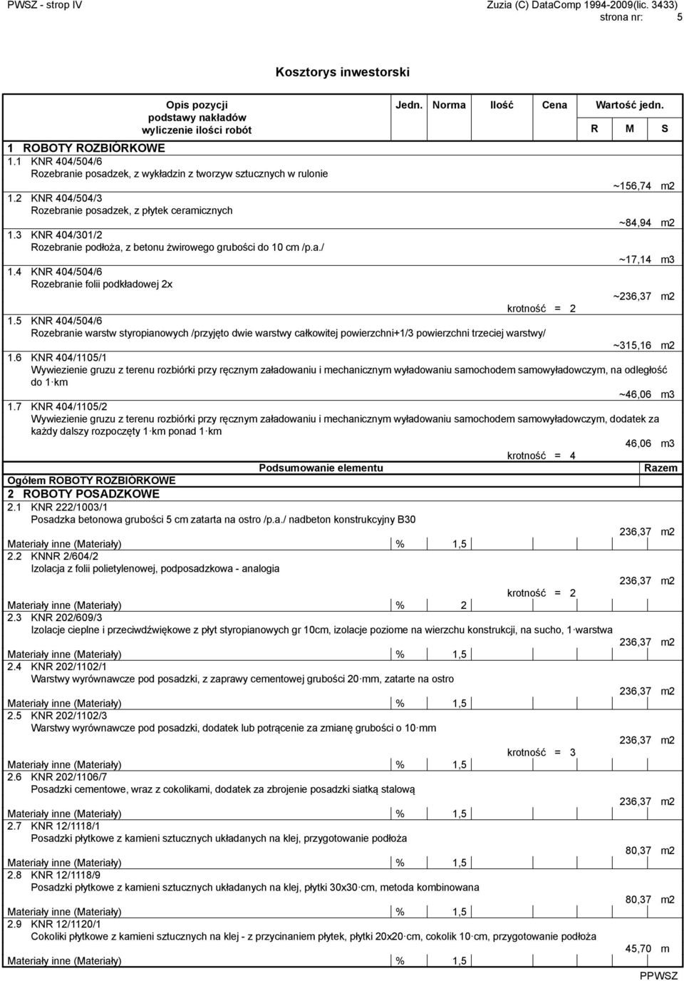 3 KNR 404/301/2 Rozebranie podłoża, z betonu żwirowego grubości do 10 cm /p.a./ ~17,14 m3 1.4 KNR 404/504/6 Rozebranie folii podkładowej 2x ~ krotność = 2 1.