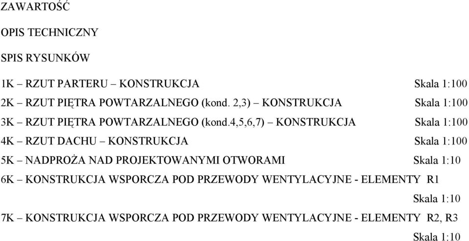 4,5,6,7) KONSTRUKCJA Skala 1:100 4K RZUT DACHU KONSTRUKCJA Skala 1:100 5K NADPROŻA NAD PROJEKTOWANYMI OTWORAMI