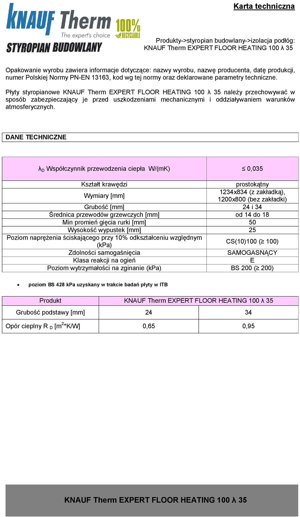 DANE TECHNICZNE λ D Współczynnik przewodzenia ciepła W/(mK) 0,035 Kształt krawędzi prostokątny Wymiary [mm] 1234x834 (z zakładką), 1200x800 (bez zakładki) Grubość [mm] 24 i 34 Średnica przewodów