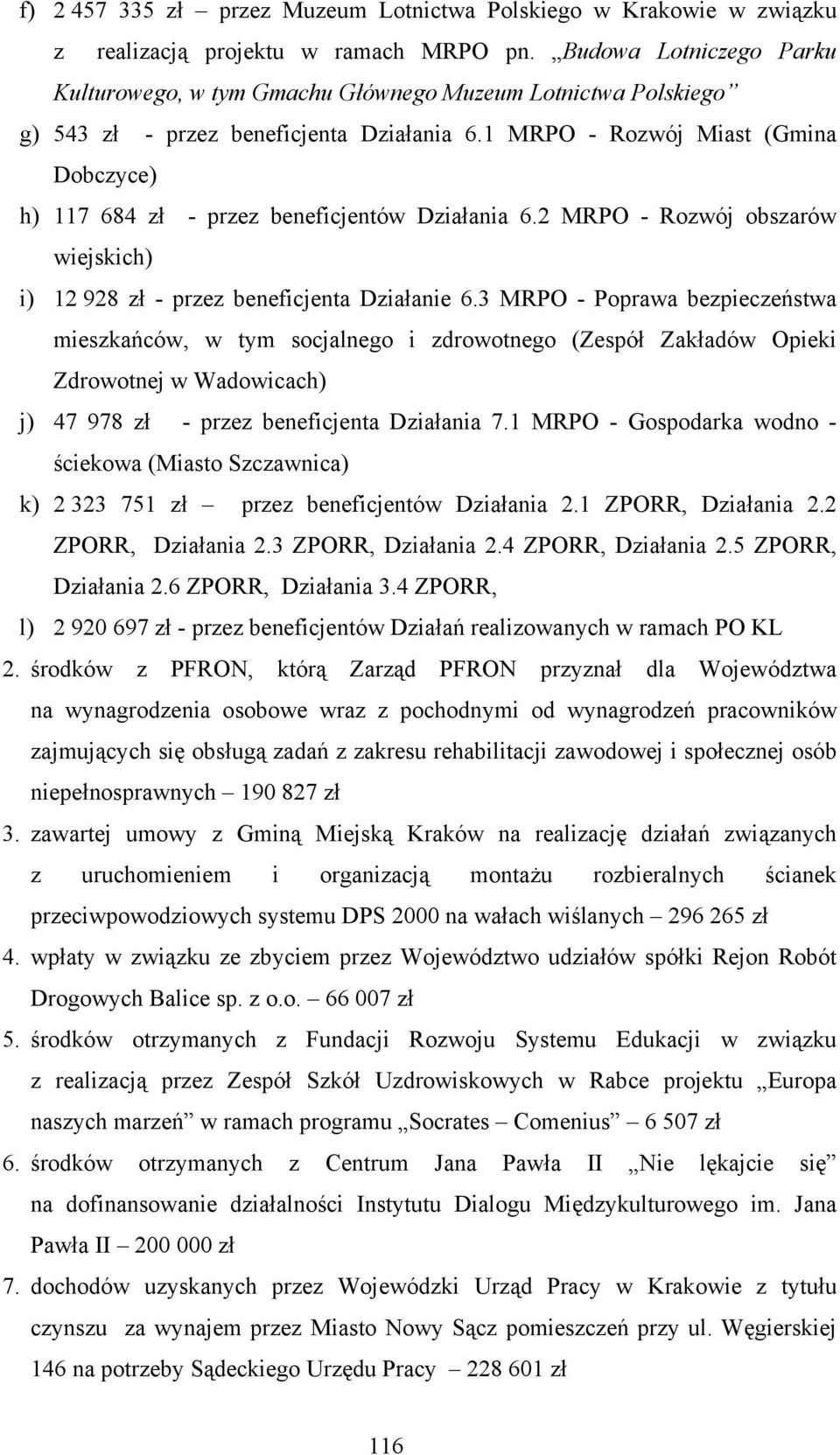 1 MRPO - Rozwój Miast (Gmina Dobczyce) h) 117 684 zł - przez beneficjentów Działania 6.2 MRPO - Rozwój obszarów wiejskich) i) 12 928 zł - przez beneficjenta Działanie 6.